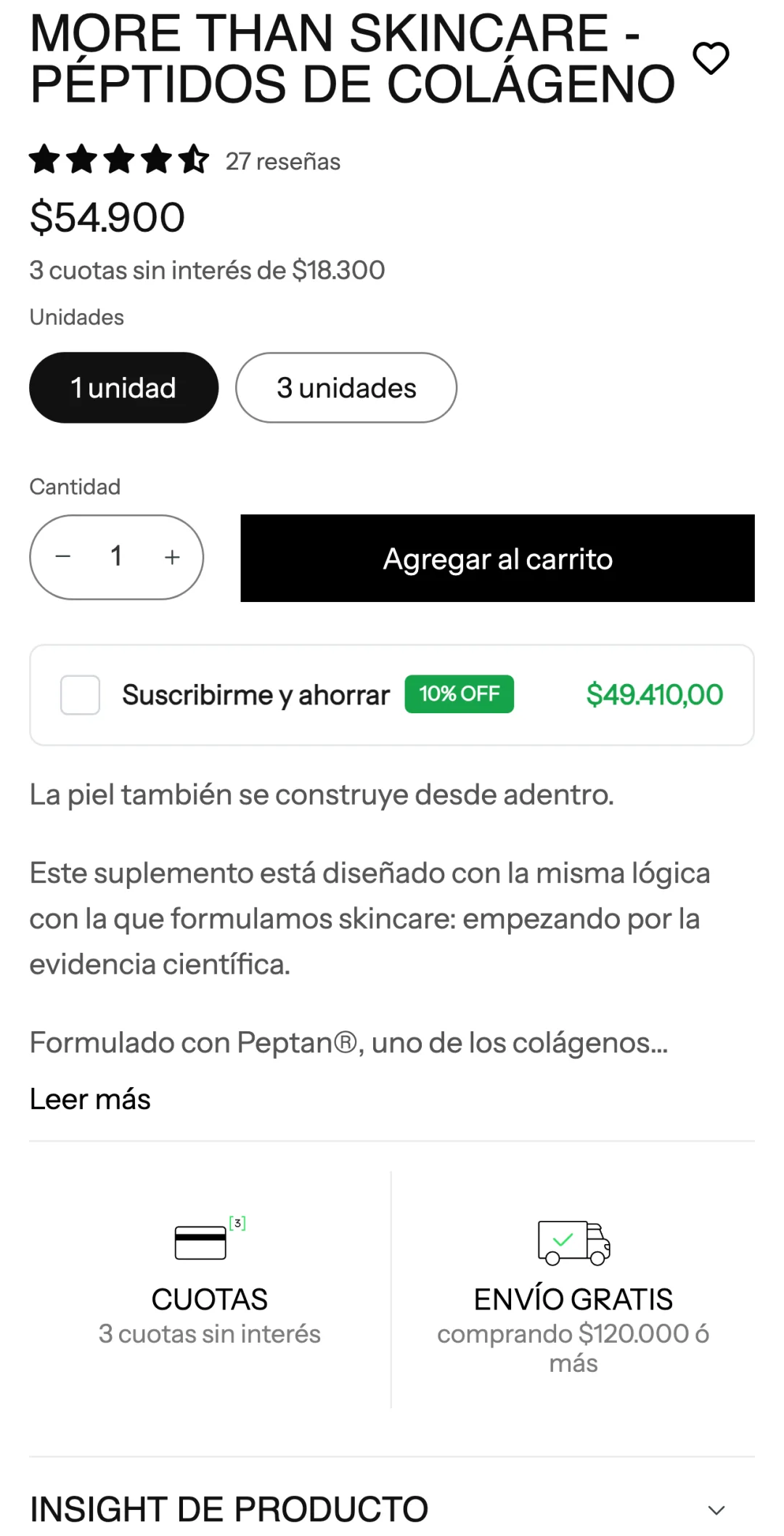 Ficha del colágeno antes: botones de unidades, Agregar al carrito y, debajo, una casilla Suscribirme y ahorrar.