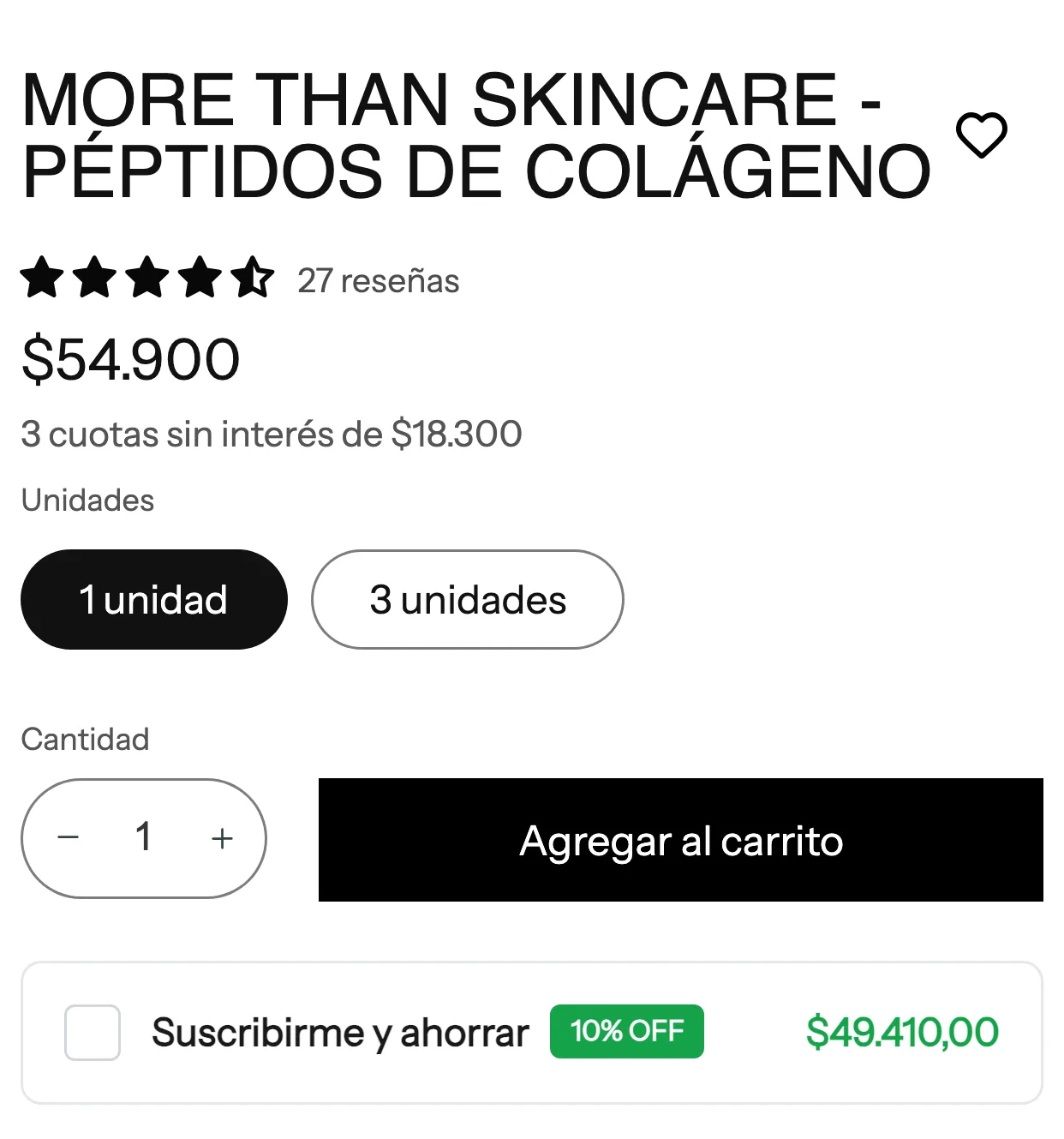 Ficha del colágeno antes: botones de unidades, Agregar al carrito y, debajo, una casilla Suscribirme y ahorrar.