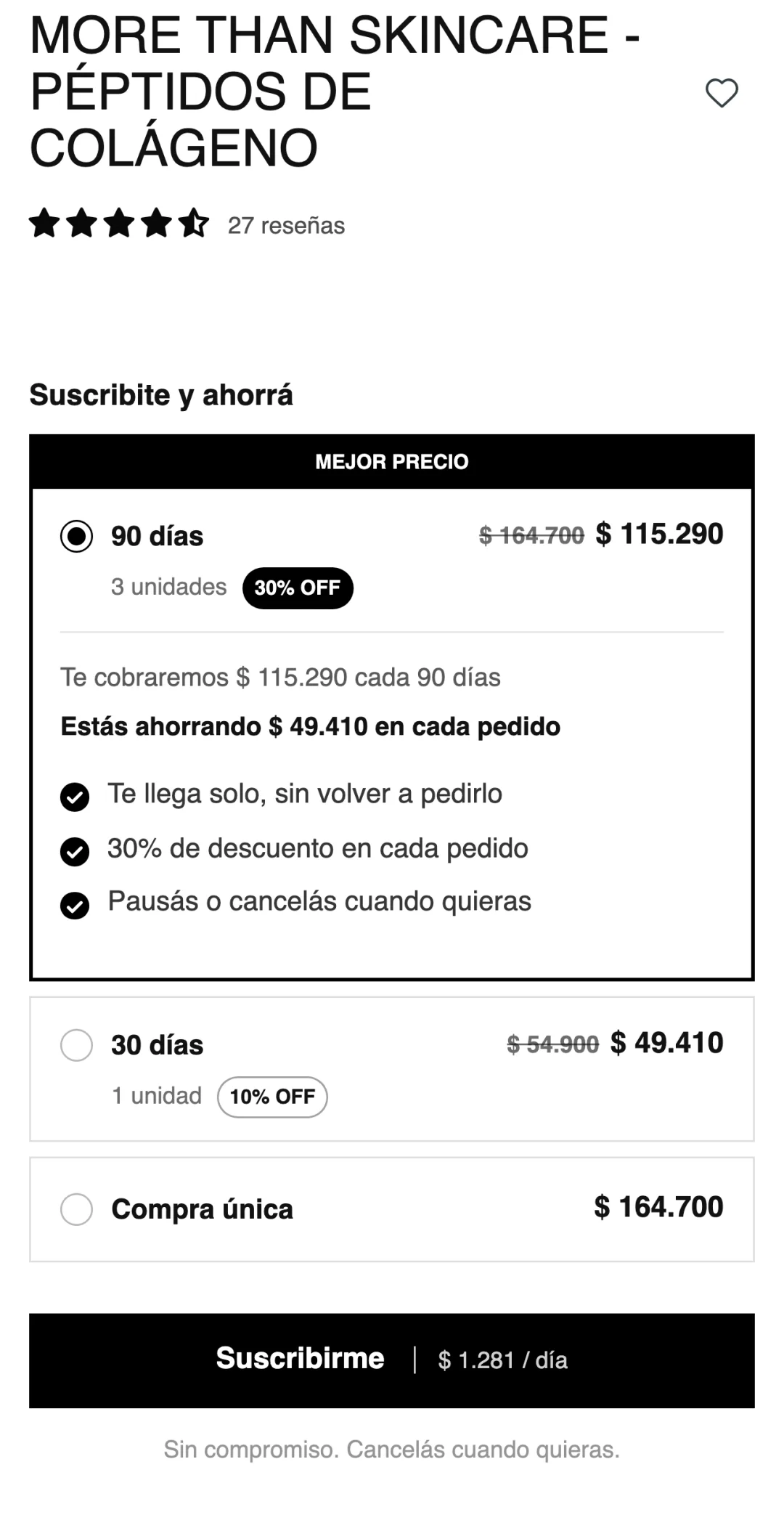 Ficha del colágeno después: tarjetas de 90 días, elegida, 30 días y compra única, con el ahorro de cada pedido y el botón Suscribirme con el precio por día.