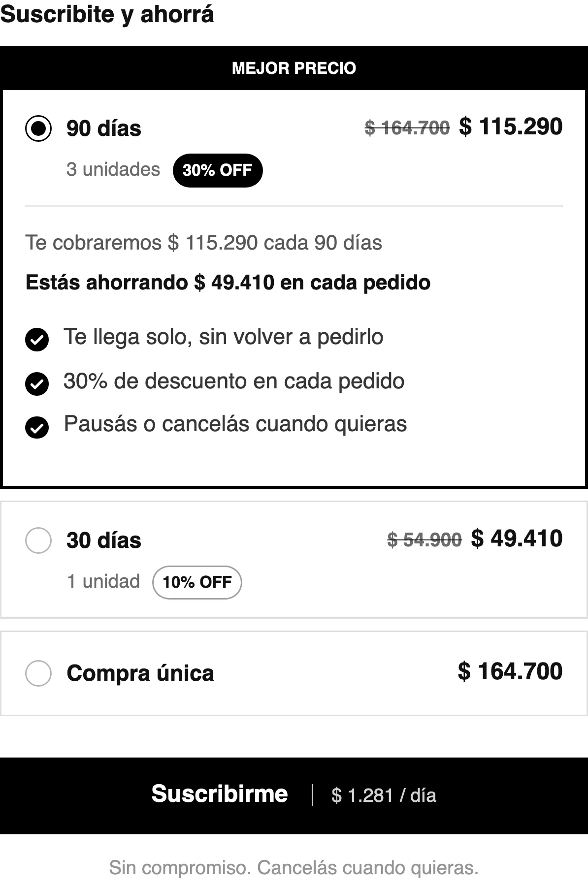 Ficha del colágeno después: tarjetas de 90 días, elegida, 30 días y compra única, con el ahorro de cada pedido.