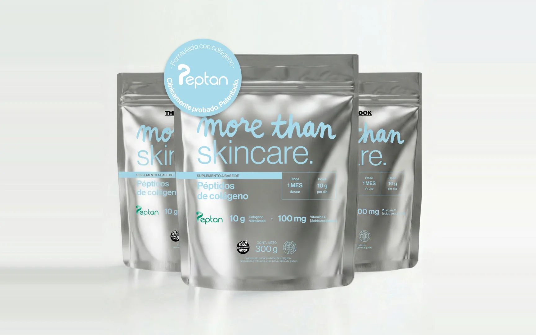 Tres envases de More than Skincare, los péptidos de colágeno con Peptan® de The Chemist Look.