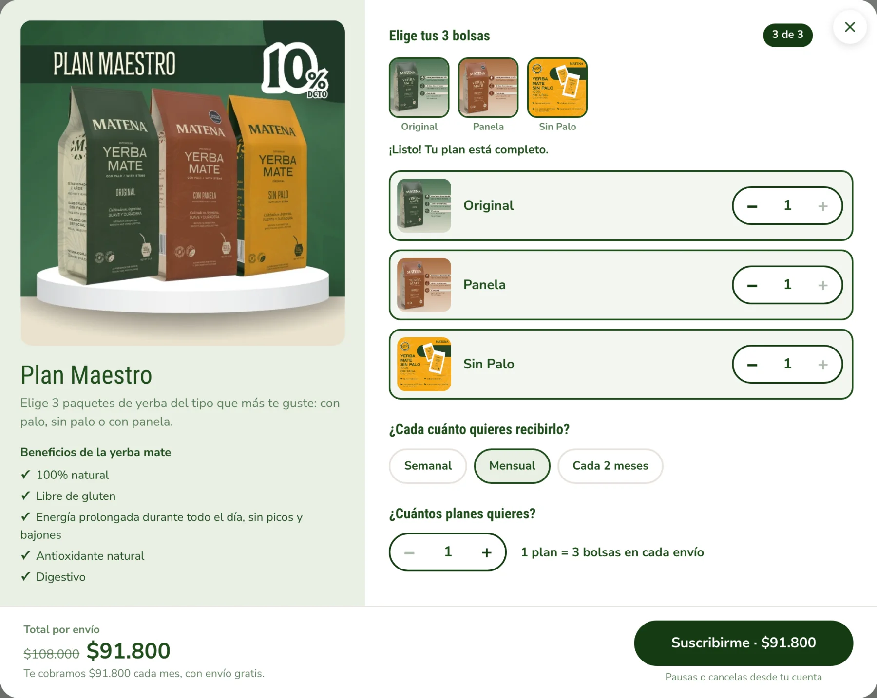 Armado del Plan Maestro: tres paquetes elegidos, frecuencia mensual, total con descuento y el botón Suscribirme.