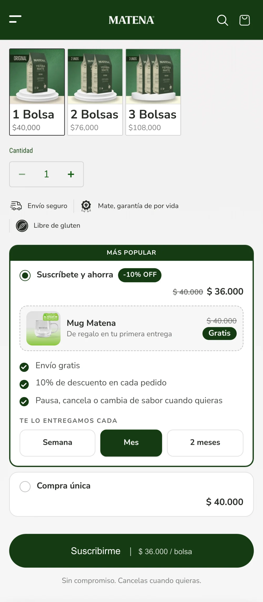 Recuadro Suscríbete y ahorra en una ficha de Matena, con 10 % de descuento, envío gratis y un regalo en la primera entrega.
