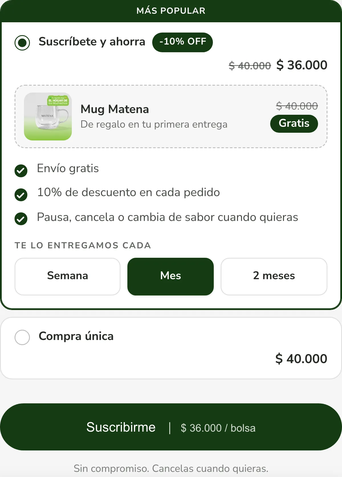 Recuadro Suscríbete y ahorra en una ficha de Matena, con 10 % de descuento, envío gratis y un regalo en la primera entrega.