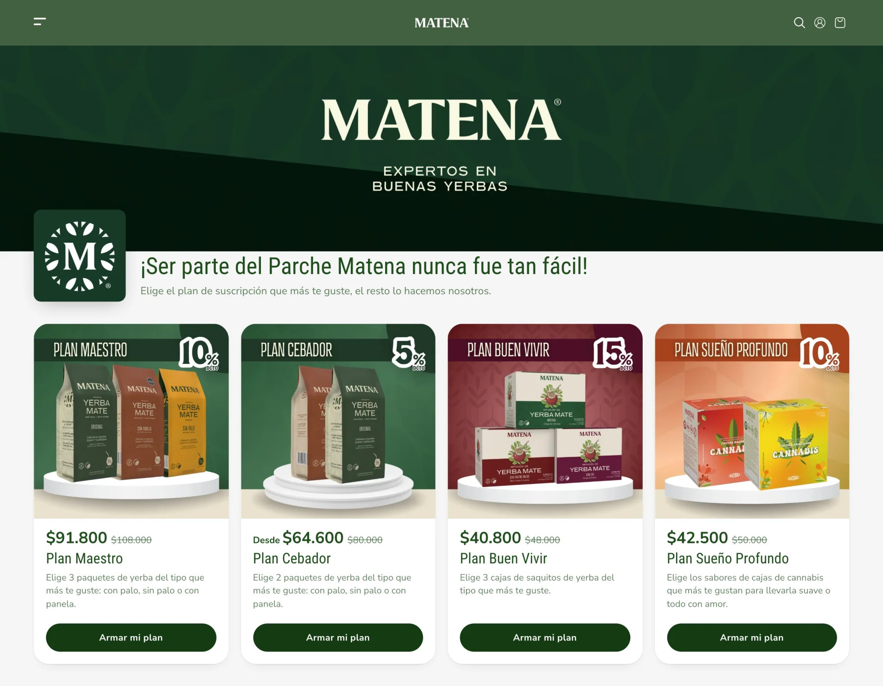 Página de planes de Matena: Plan Maestro, Plan Cebador, Plan Buen Vivir y Plan Sueño Profundo, cada uno con su descuento y su botón Armar mi plan.