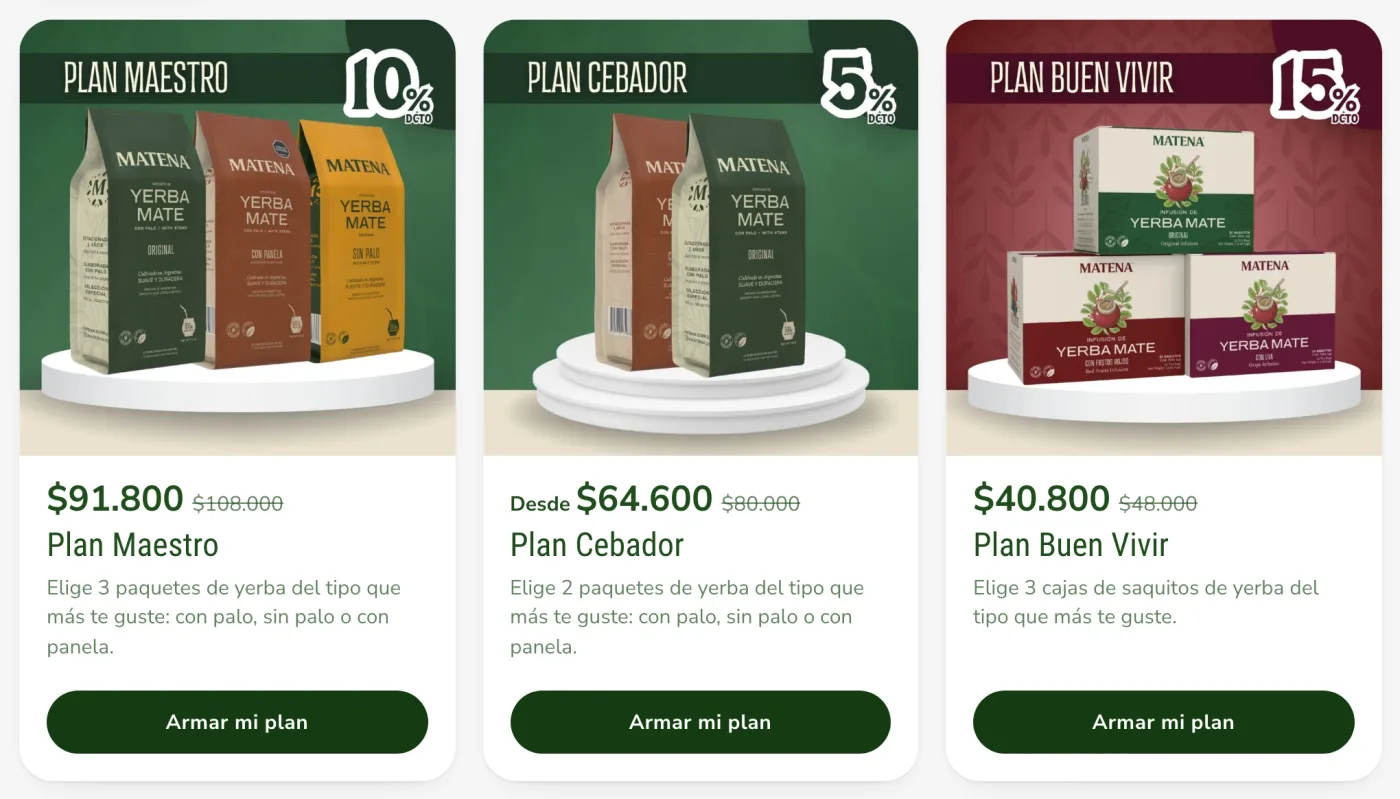 Página de planes de Matena: Plan Maestro, Plan Cebador y Plan Buen Vivir, cada uno con su descuento y su botón Armar mi plan.
