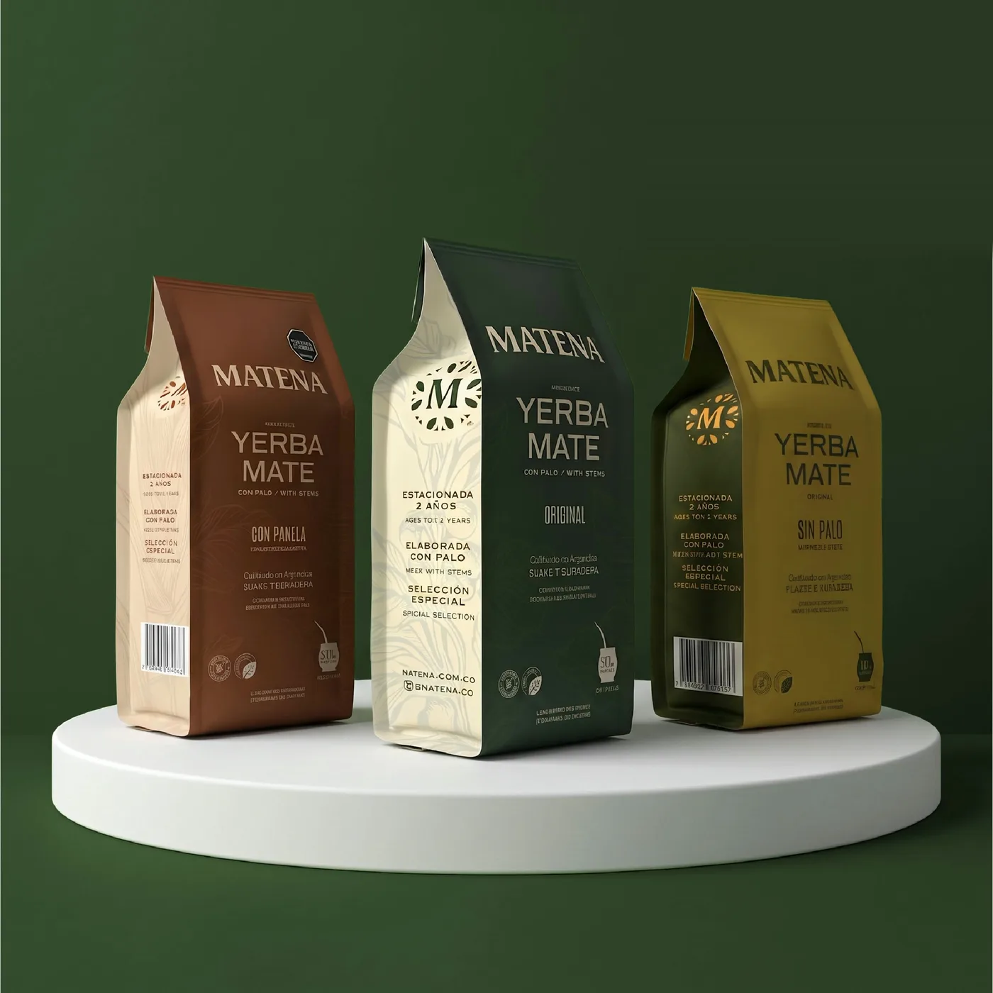 Las tres yerbas de Matena, con panela, original y sin palo, sobre fondo verde.