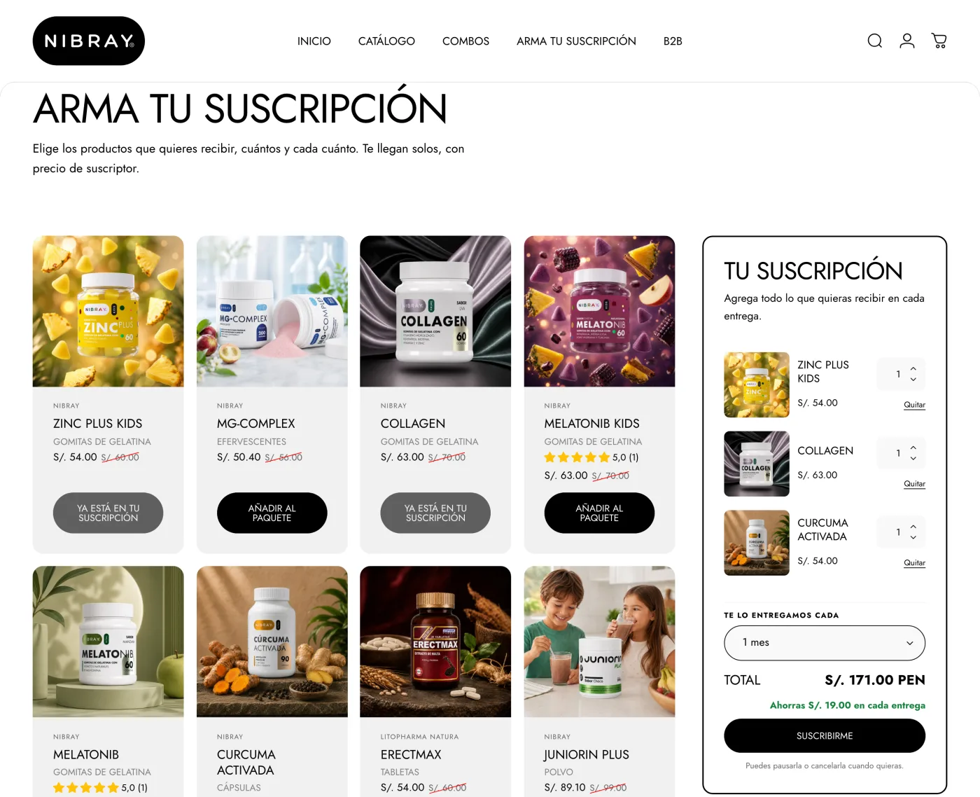 Página Arma tu suscripción de Nibray: grilla de suplementos con precio de suscriptor y el panel Tu suscripción con tres productos, la frecuencia, el total y el ahorro.