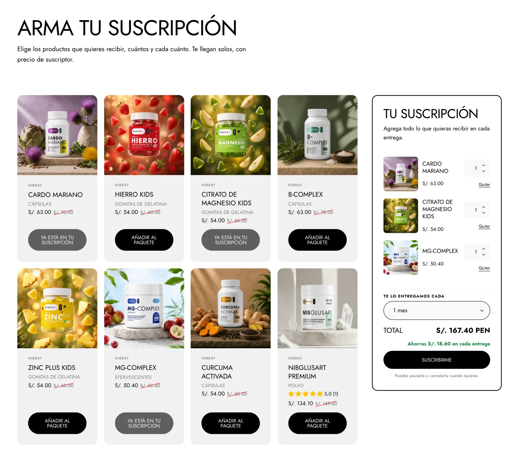 Página Arma tu suscripción de Nibray: grilla de suplementos con precio de suscriptor y el panel Tu suscripción con tres productos, la frecuencia, el total y el ahorro.