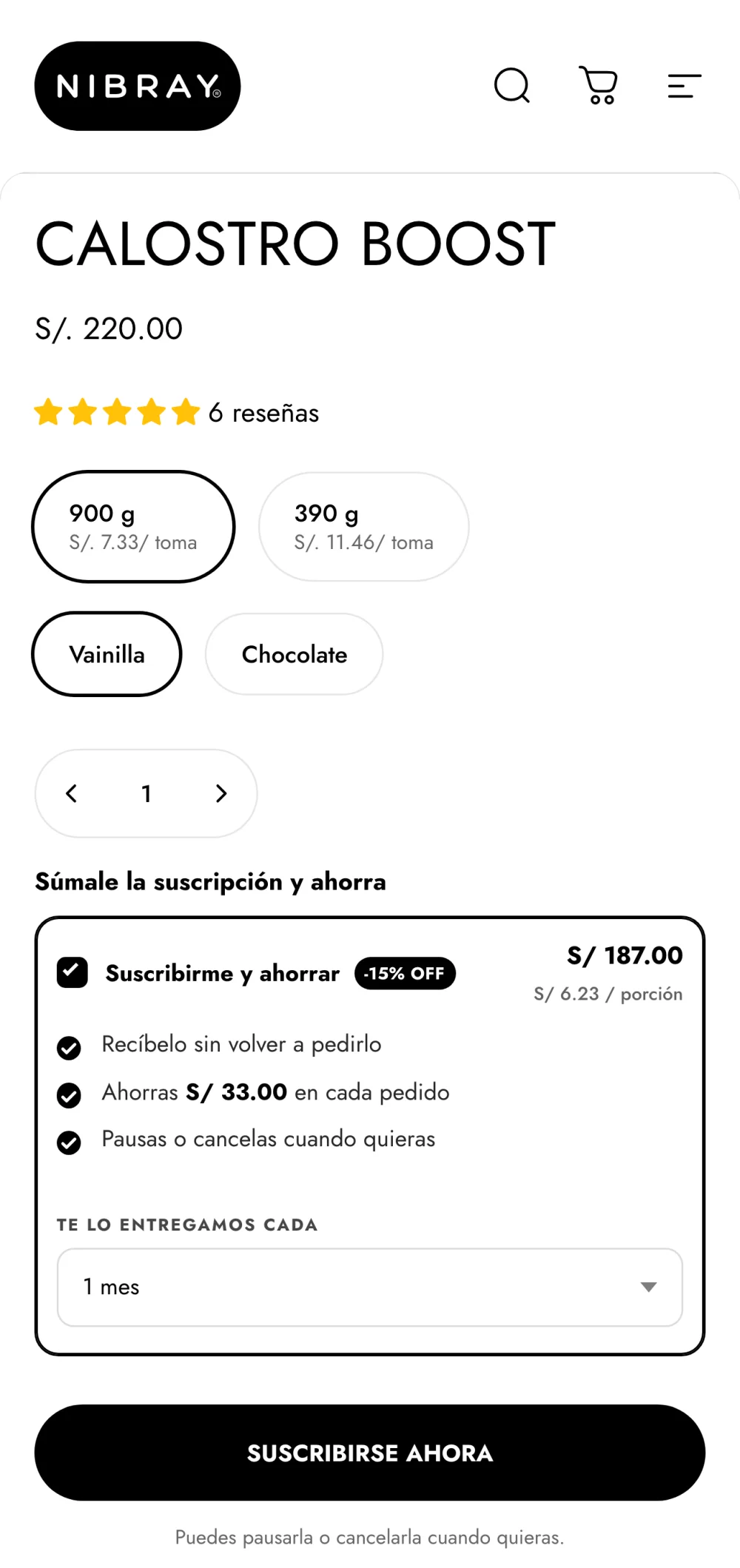 Ficha del Calostro Boost de Nibray con la opción Suscribirme y ahorrar elegida, el precio con descuento, el ahorro de cada pedido, la frecuencia y el botón Suscribirse ahora.
