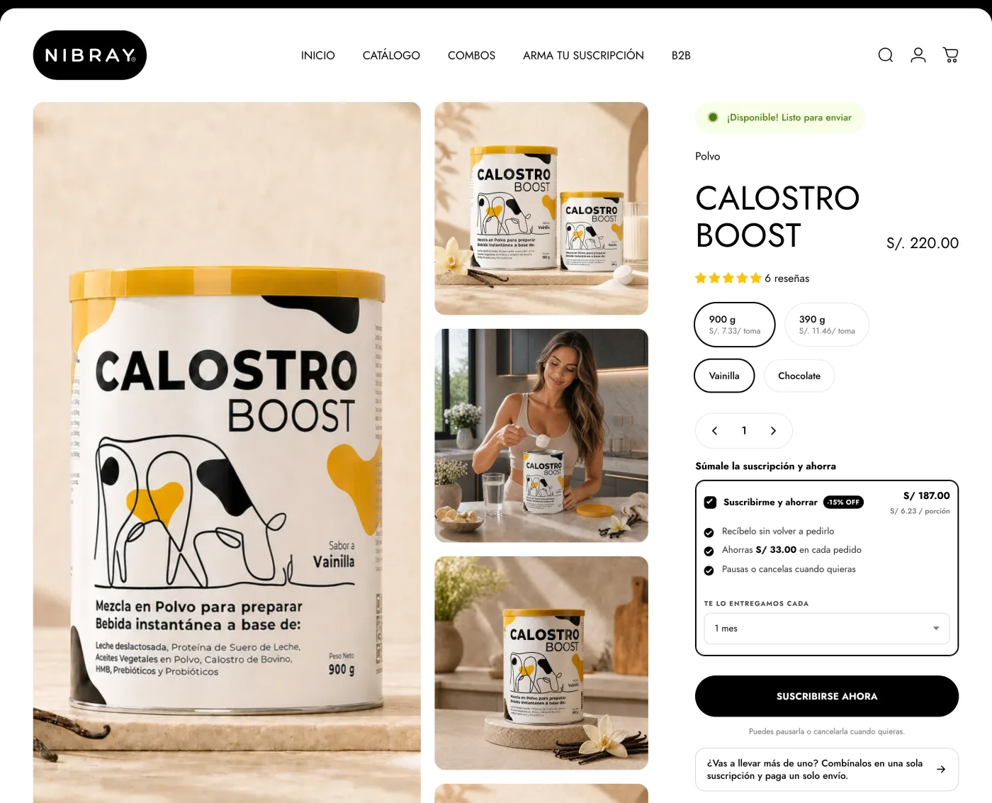 Ficha del Calostro Boost de Nibray con la opción Suscribirme y ahorrar elegida, el precio con descuento, el ahorro de cada pedido y la frecuencia.
